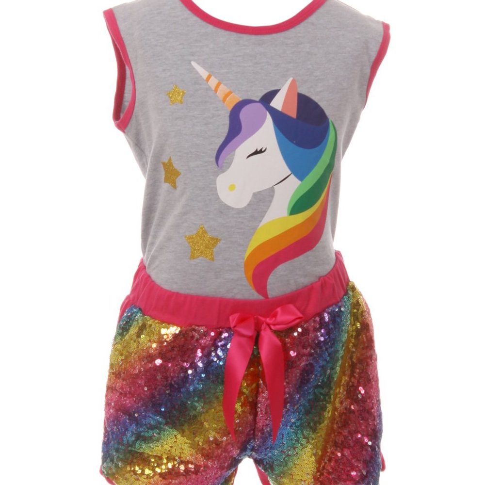 2 Pieces Top Short Set Unicorn Tank Top Sequin Shorts Pant Set Summer outfit